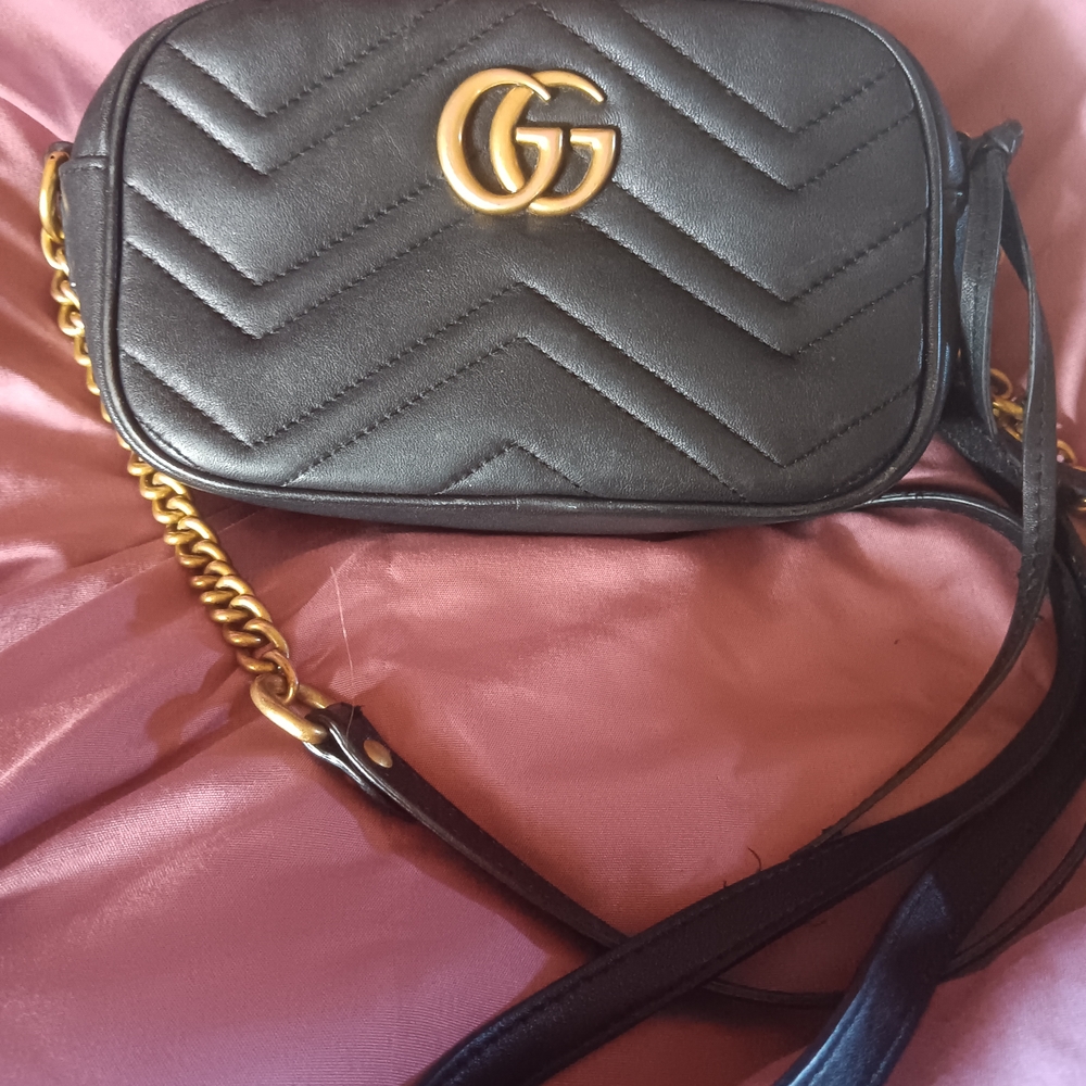 Gucci Black Chevron Crossbody Bag with Gold Chain
